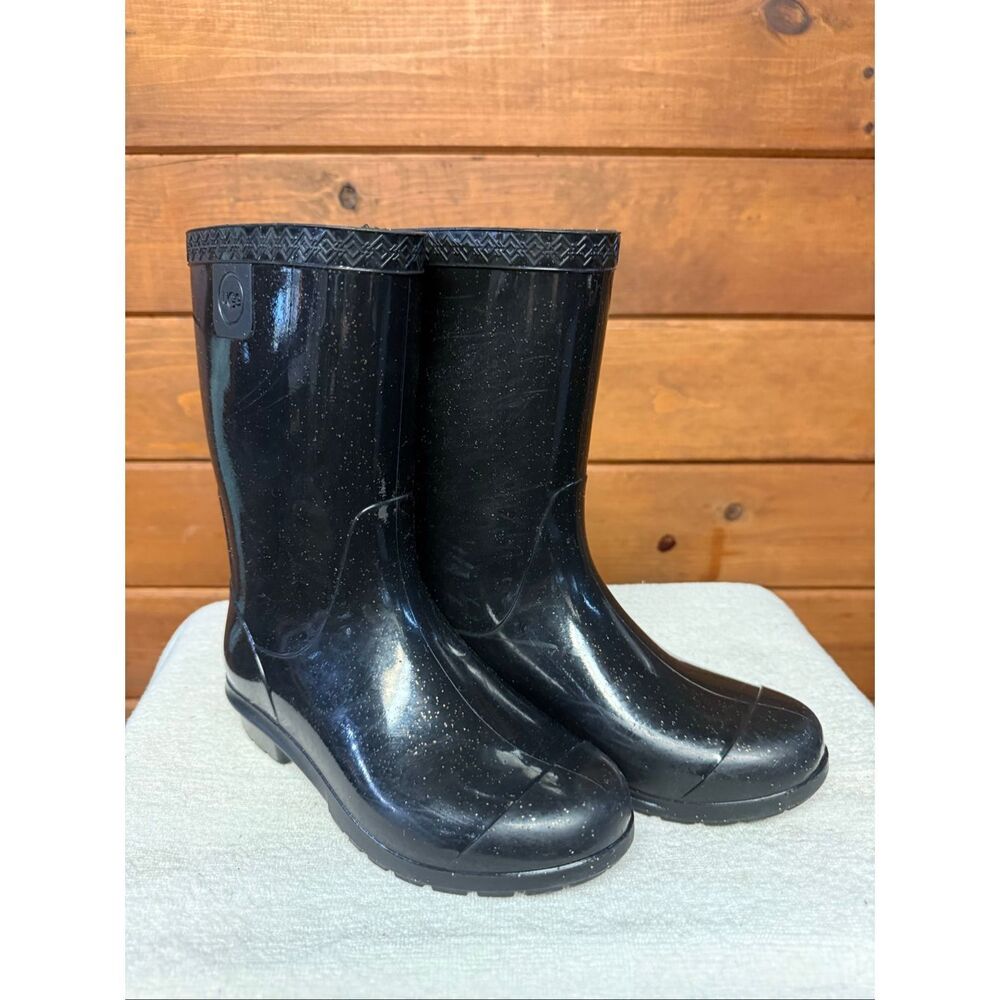 UGG Girls Sienna black rain boots Sz 1 Black/Gold Specks